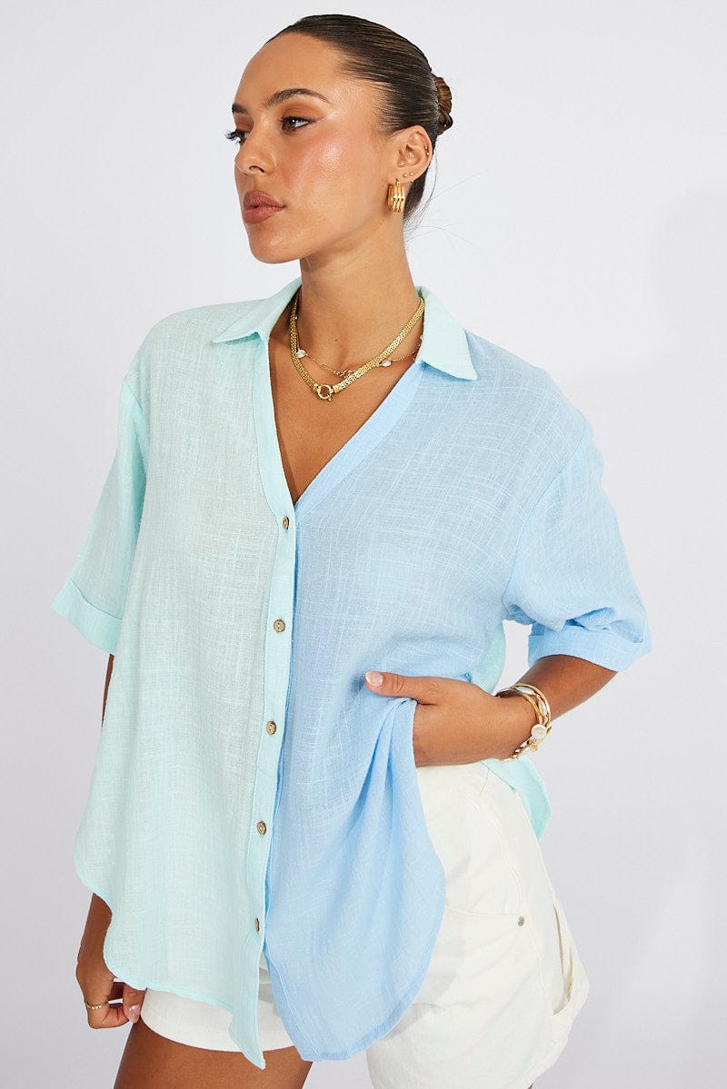 Blue Cotton Half Sleeve Relaxed Colour Block Shirt