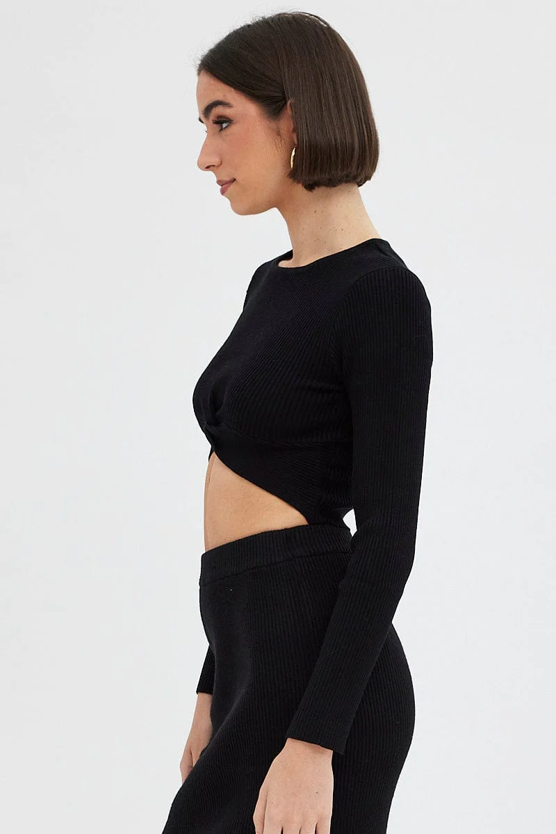 Black Knit Top Long Sleeve Front Knot Detail Crop