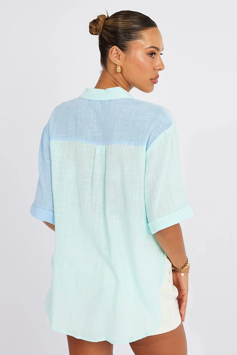 Blue Cotton Half Sleeve Relaxed Colour Block Shirt