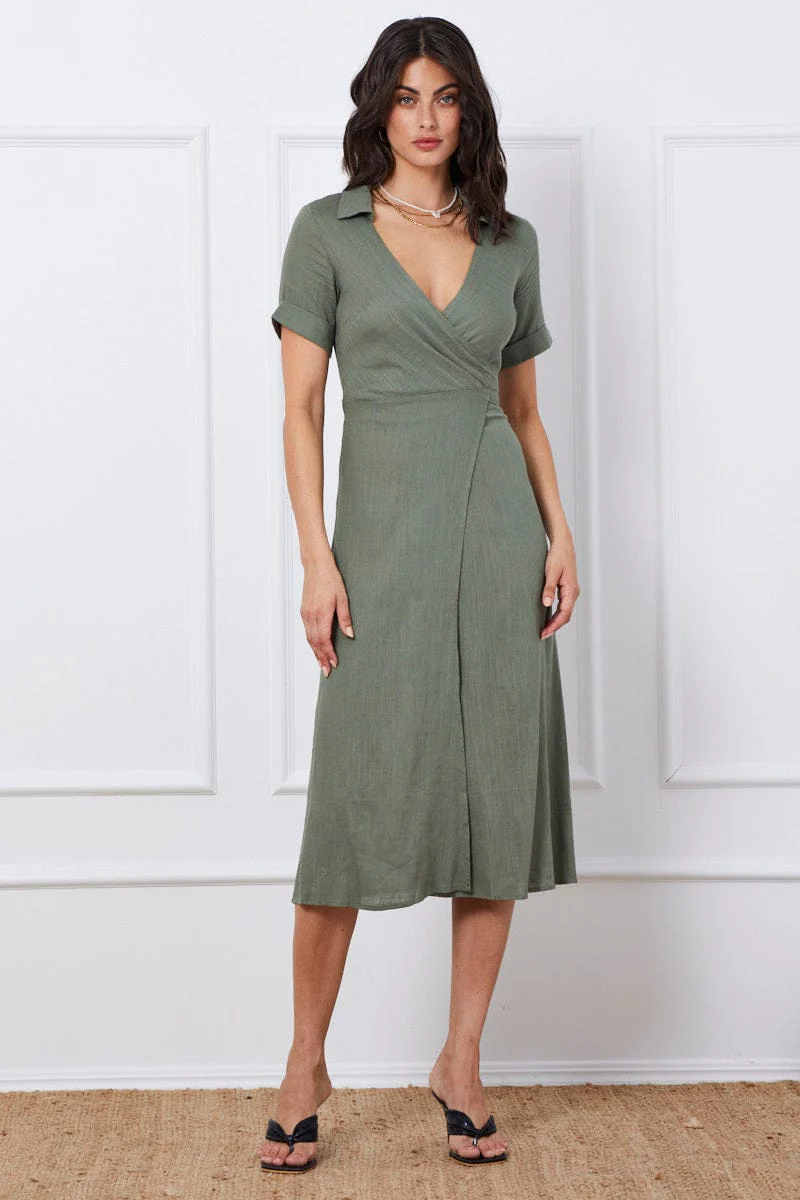 Green Wrap Dress Short Sleeve Maxi