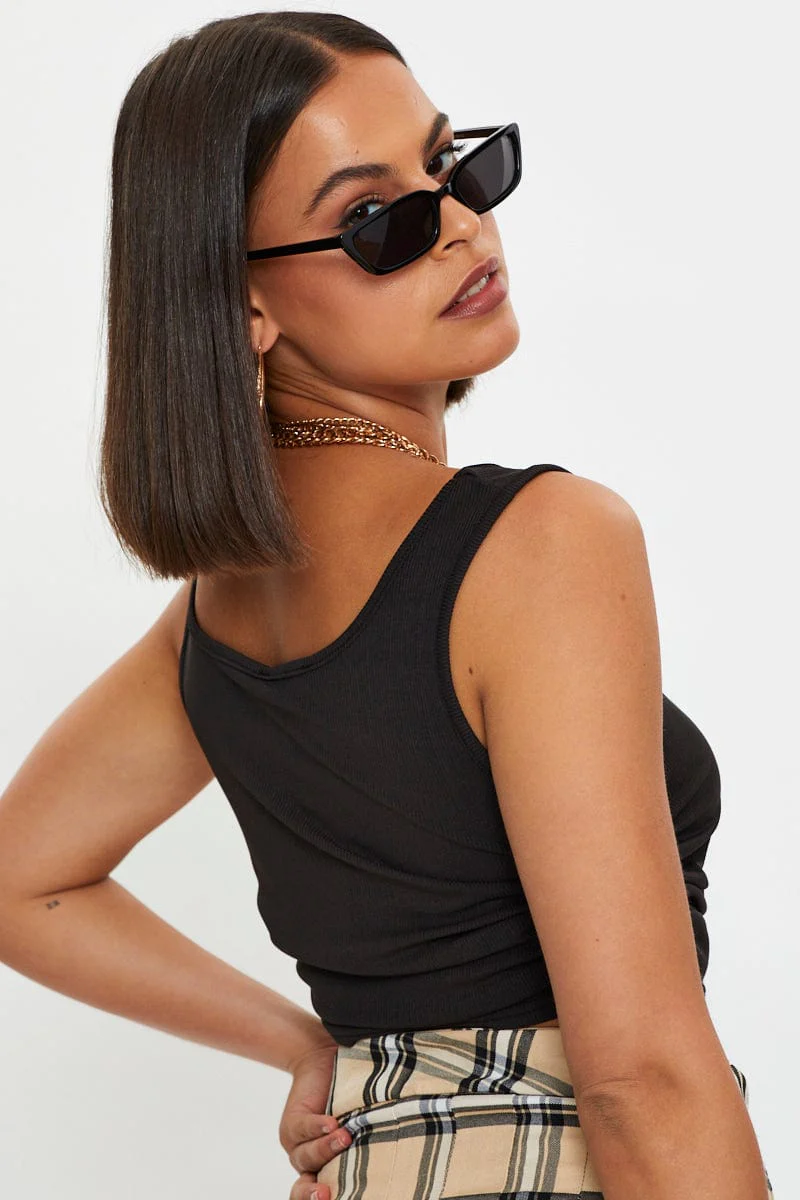 Black Ruched Drawstring Scoop Neck Top