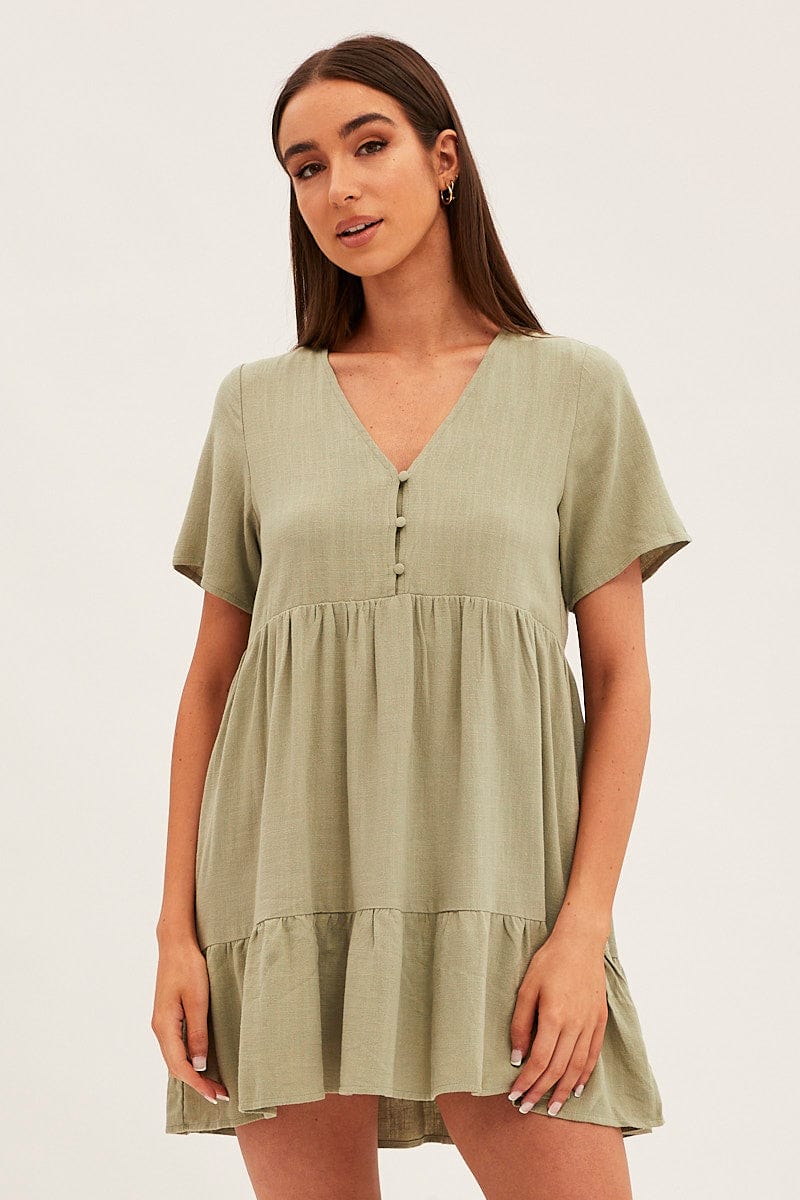 Green Smock Dress Short Sleeve V Neck Linen Blend