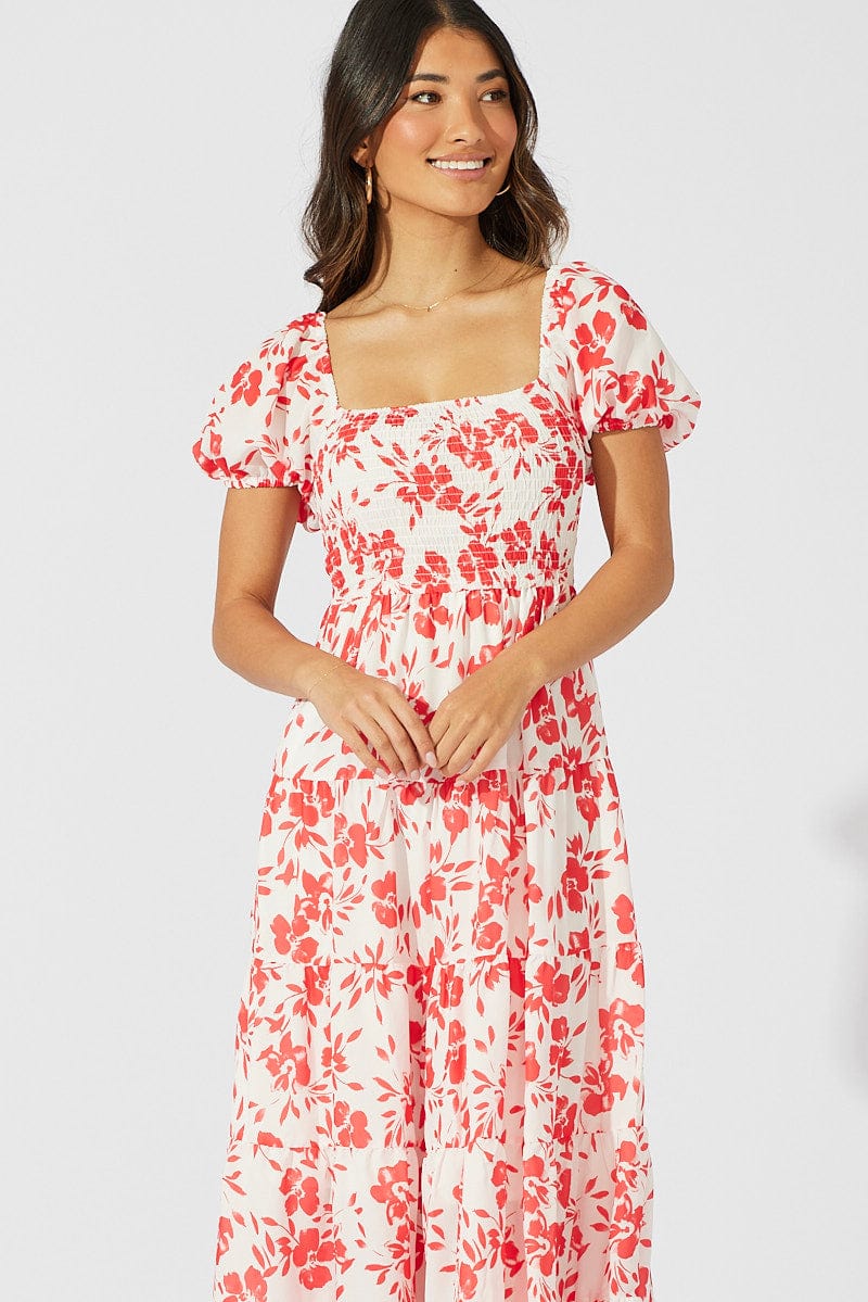 Red Floral Maxi Dress Short Sleeve Shirred Tiered