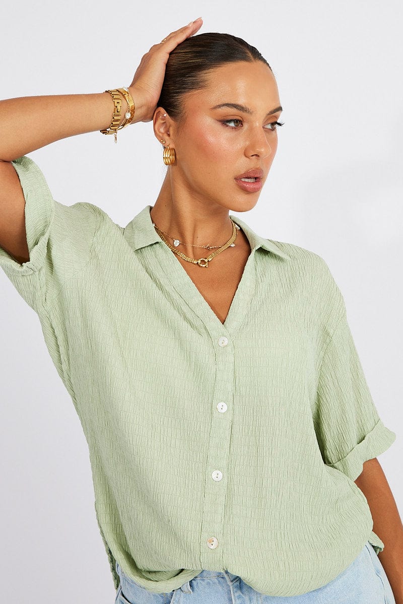 Green Textured Shirt Short Sleeve
