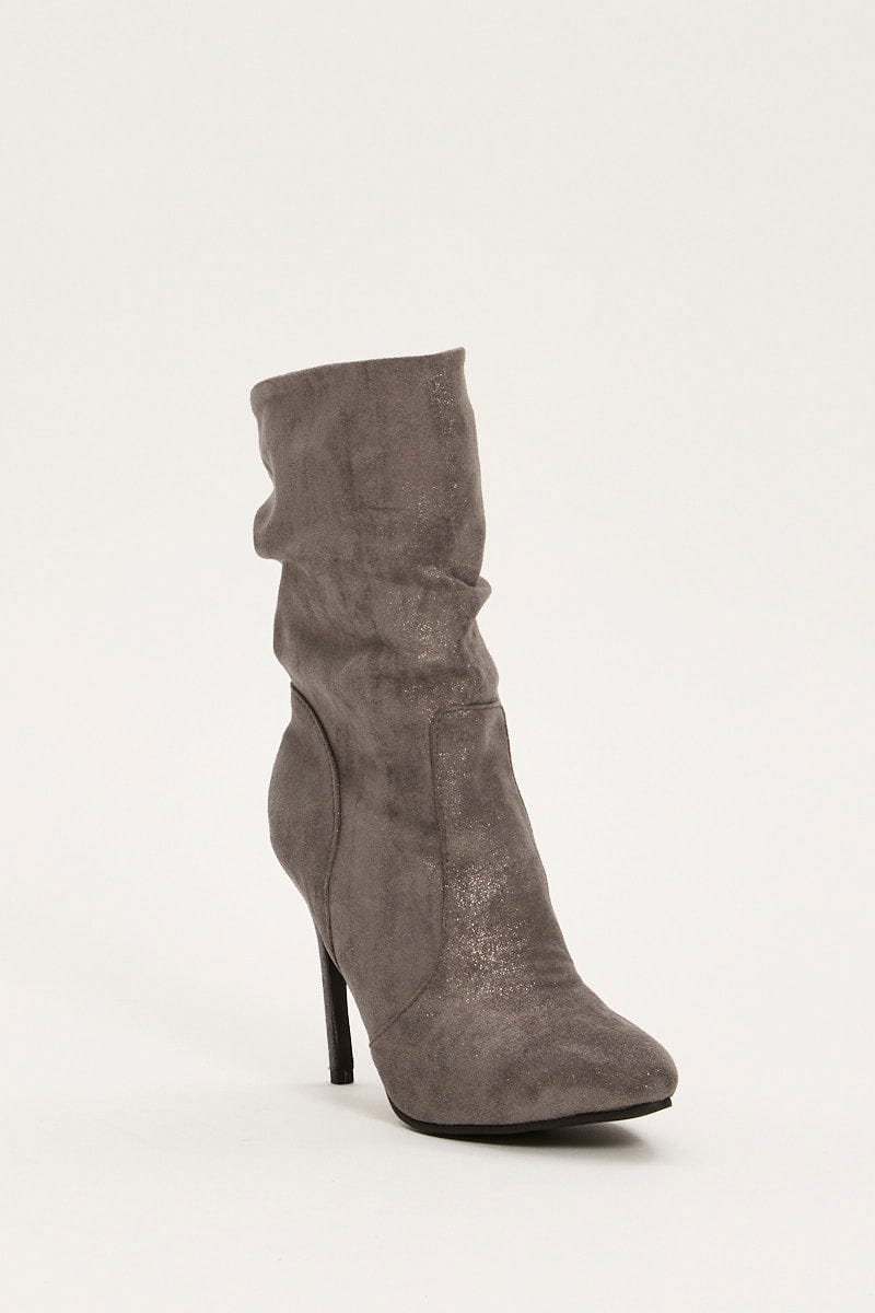 Grey Suedette Heeled Boots