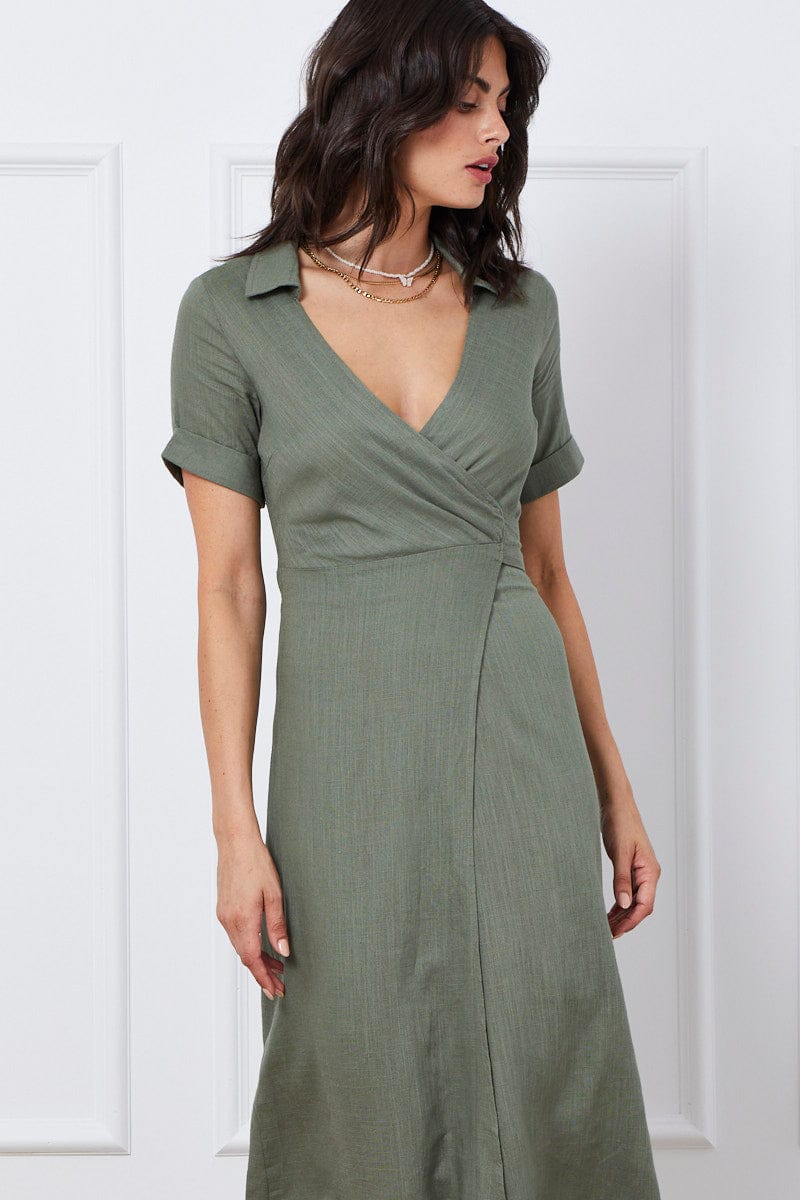 Green Wrap Dress Short Sleeve Maxi