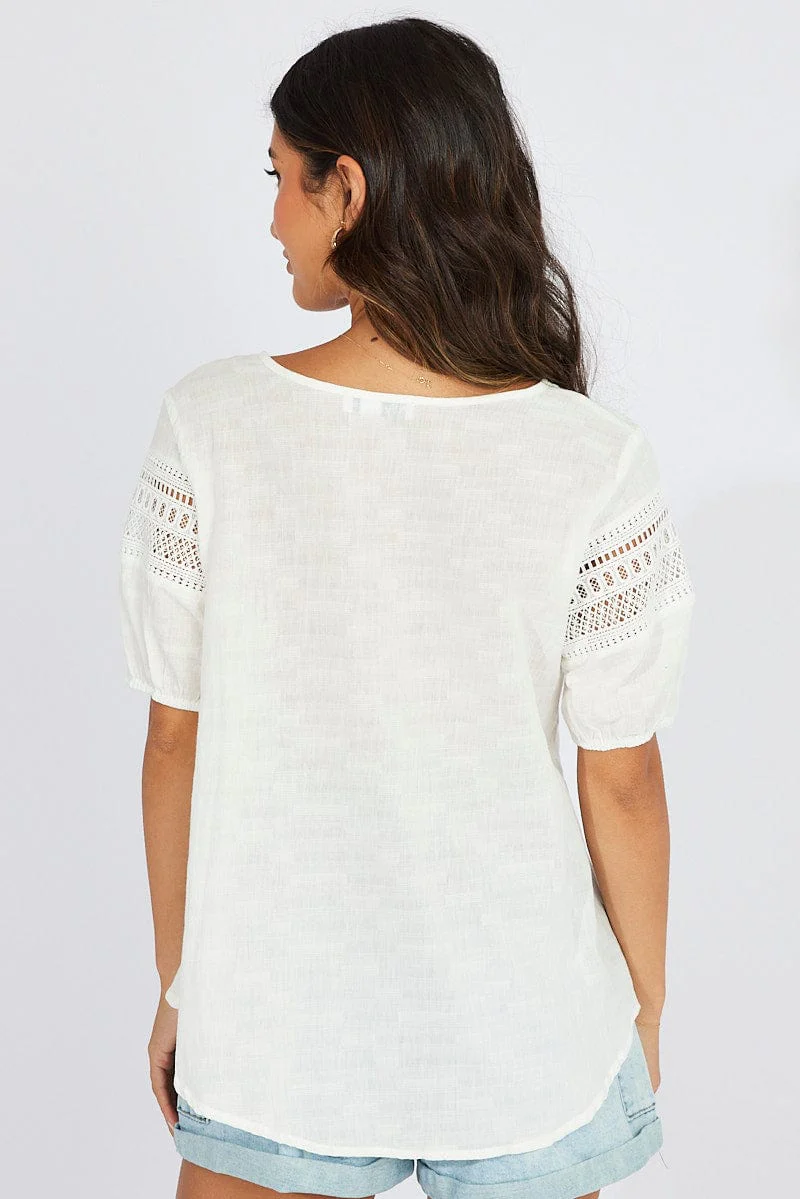 White Top lace details sleeve texture cotton