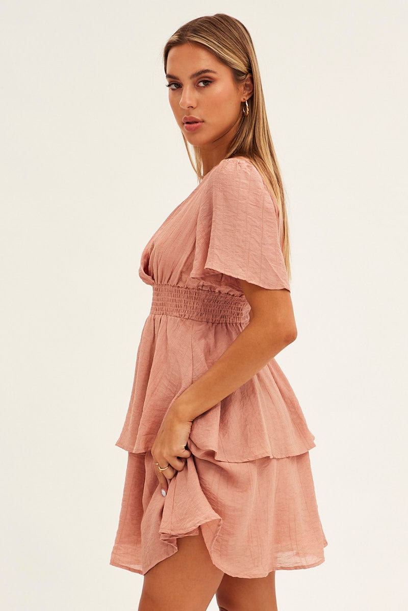 Pink Tiered Dress Flutter Sleeve Wrap Front Tiered Hem