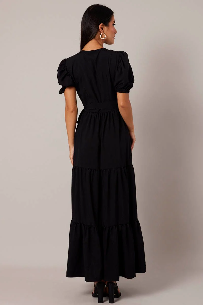 Black Puff Sleeve Maxi Dress Wrap Tiered Dress
