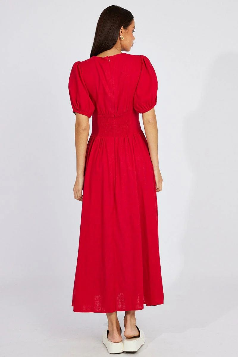 Red Midi Dress Puff Sleeve