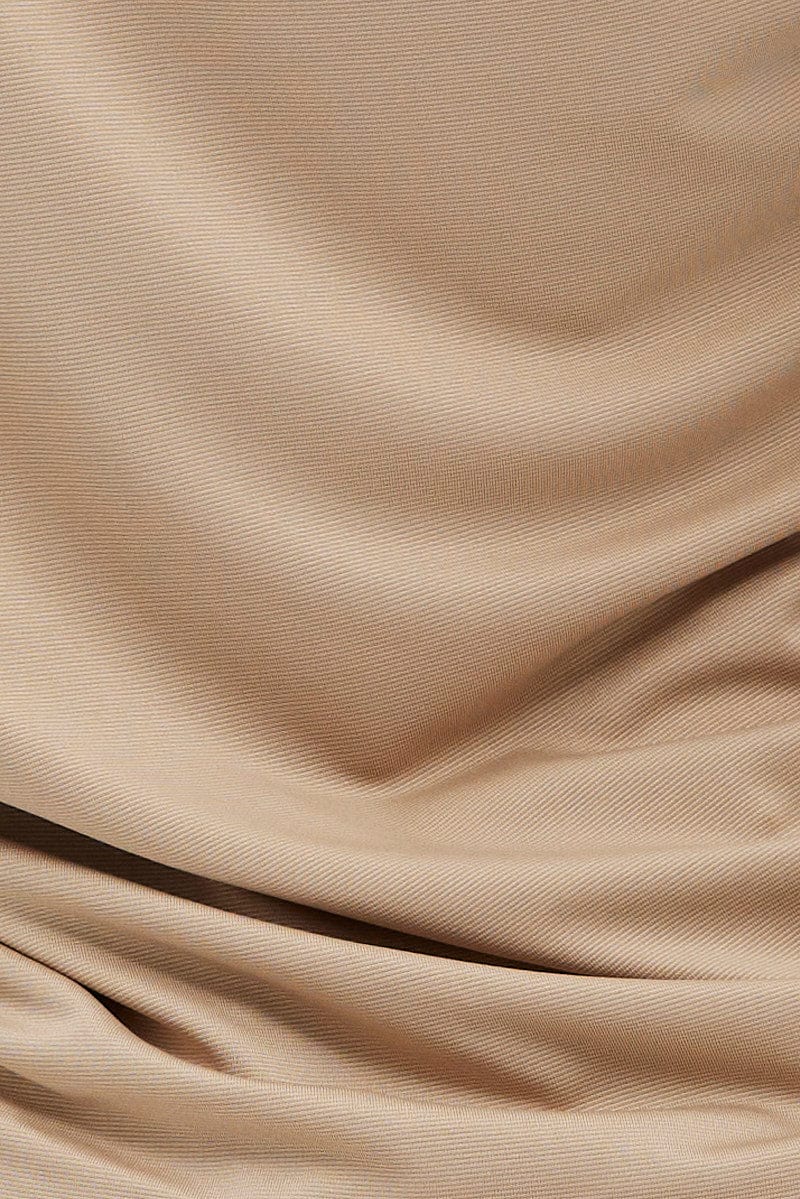 Beige Long Sleeve Shirt Collared Side Ruched