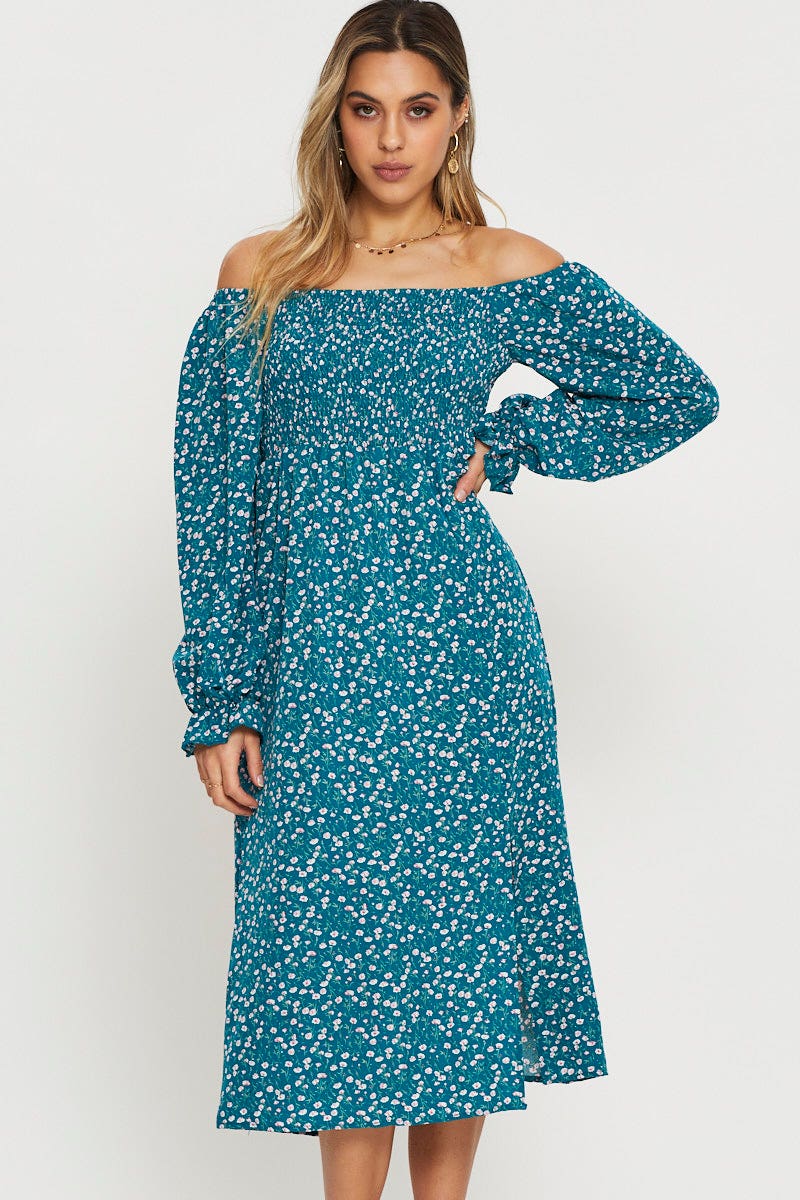 Print Midi Dress Off Shoulder