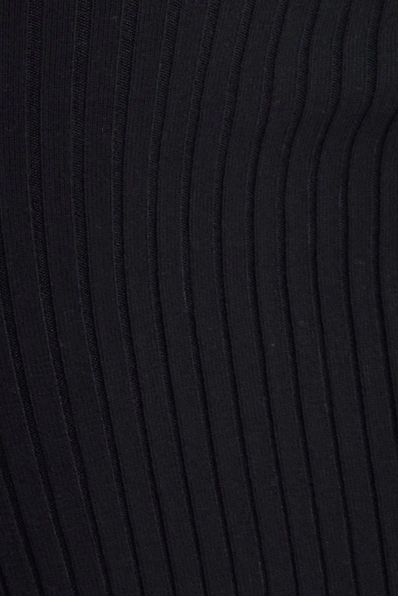 Black Midi Dress Long Sleeve Round Neck Keyhole Rib Knit