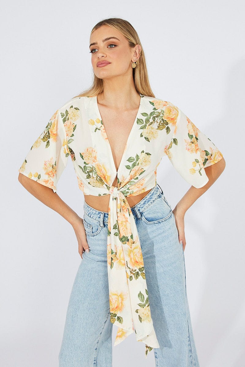 Yellow Floral Front Tie Bolero