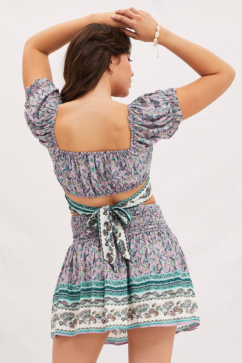 Boho Print Shirred Waist Boho Mini Skater Skirt