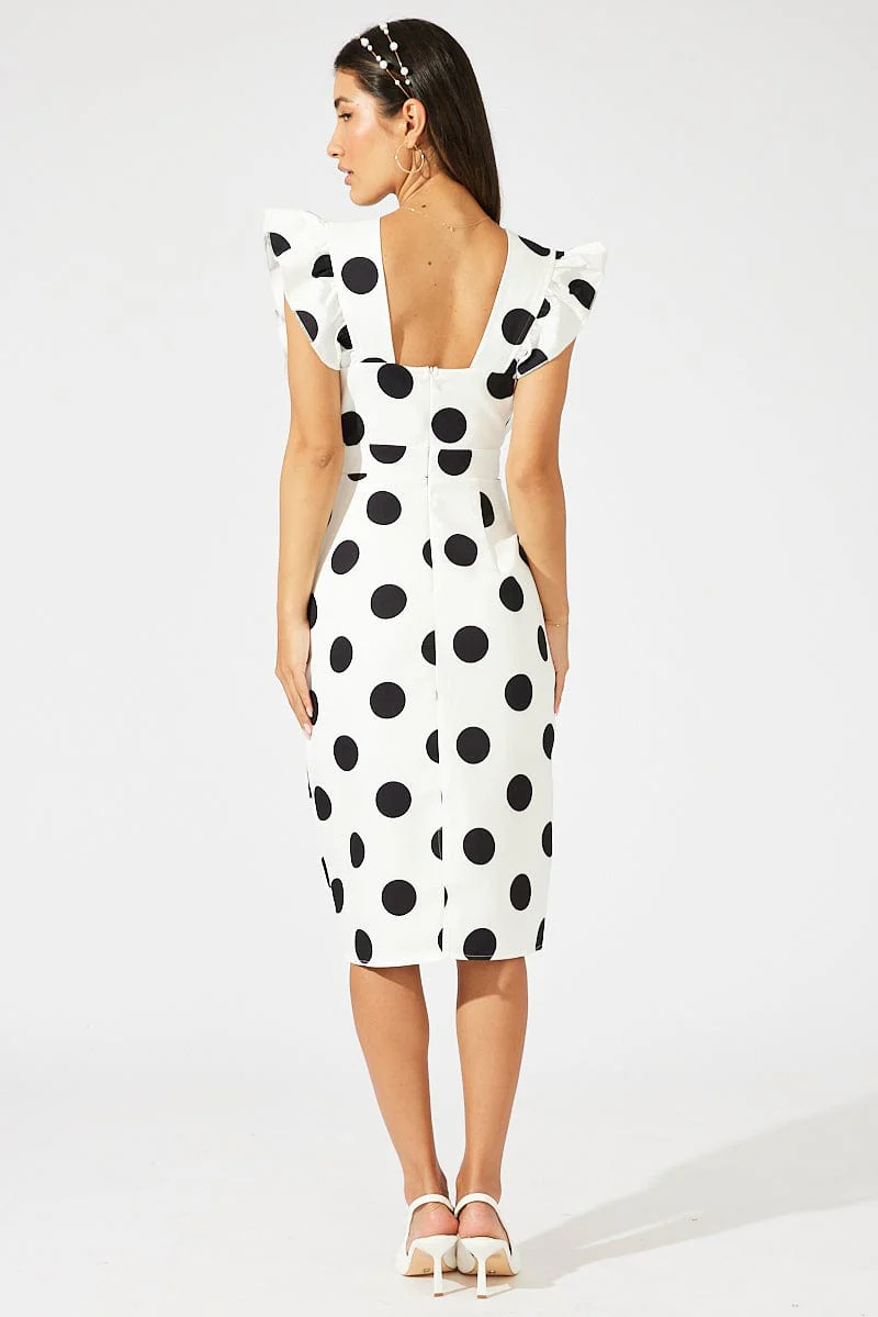 Black Polka Dot Midi Dress Plunge Ruffle Shoulder Oversized Polka