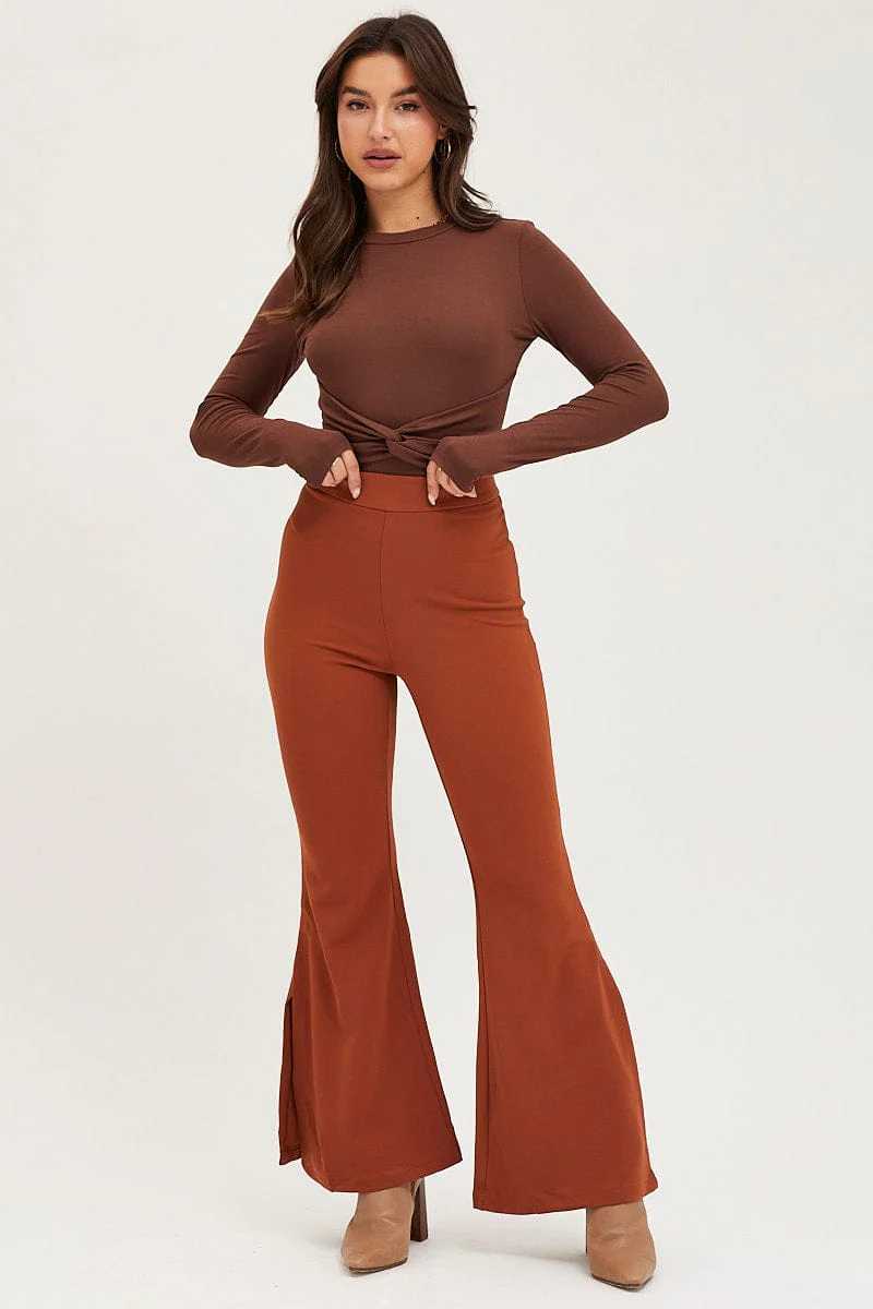 Brown Flare Pants High Rise