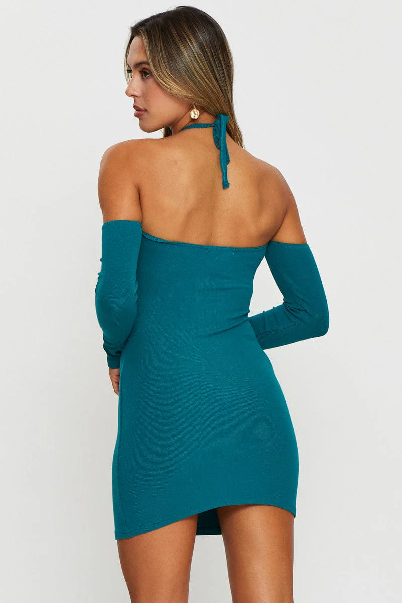 Green Mini Dress Bodycon Halter Neck