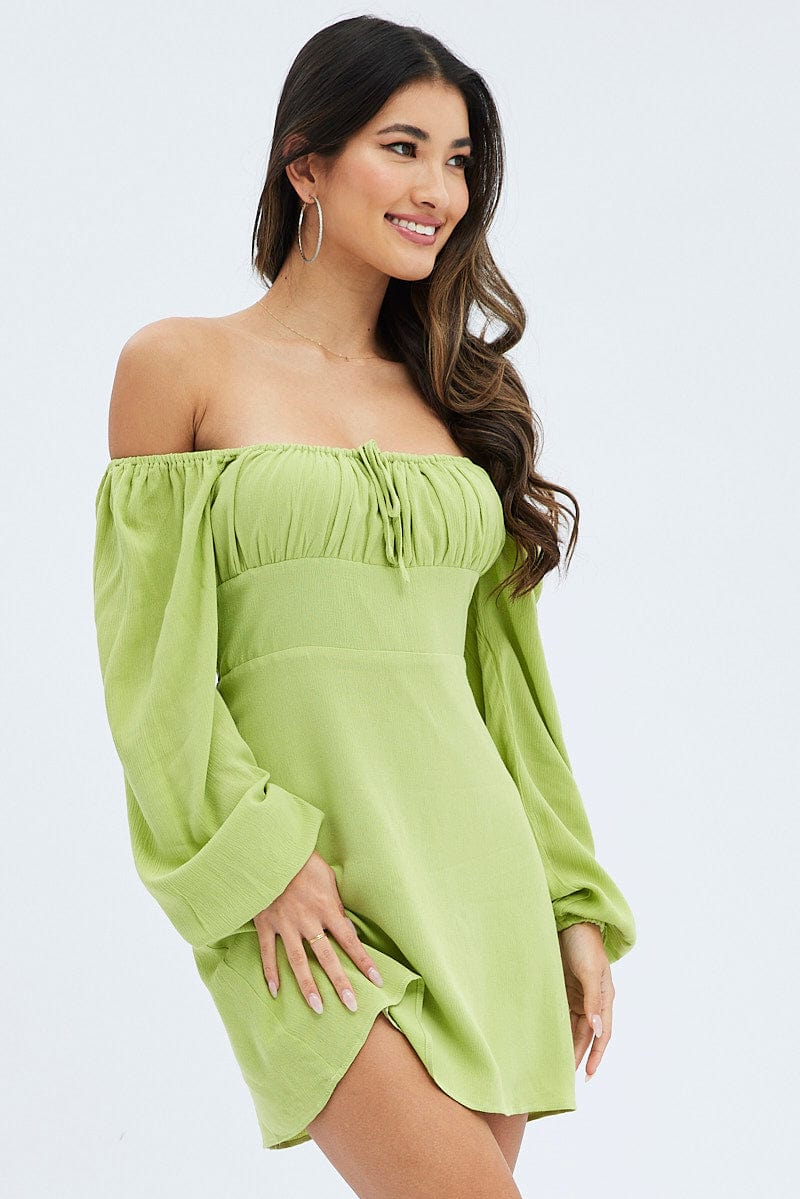 Green Mini Dress Ruched Bust Long Sleeve