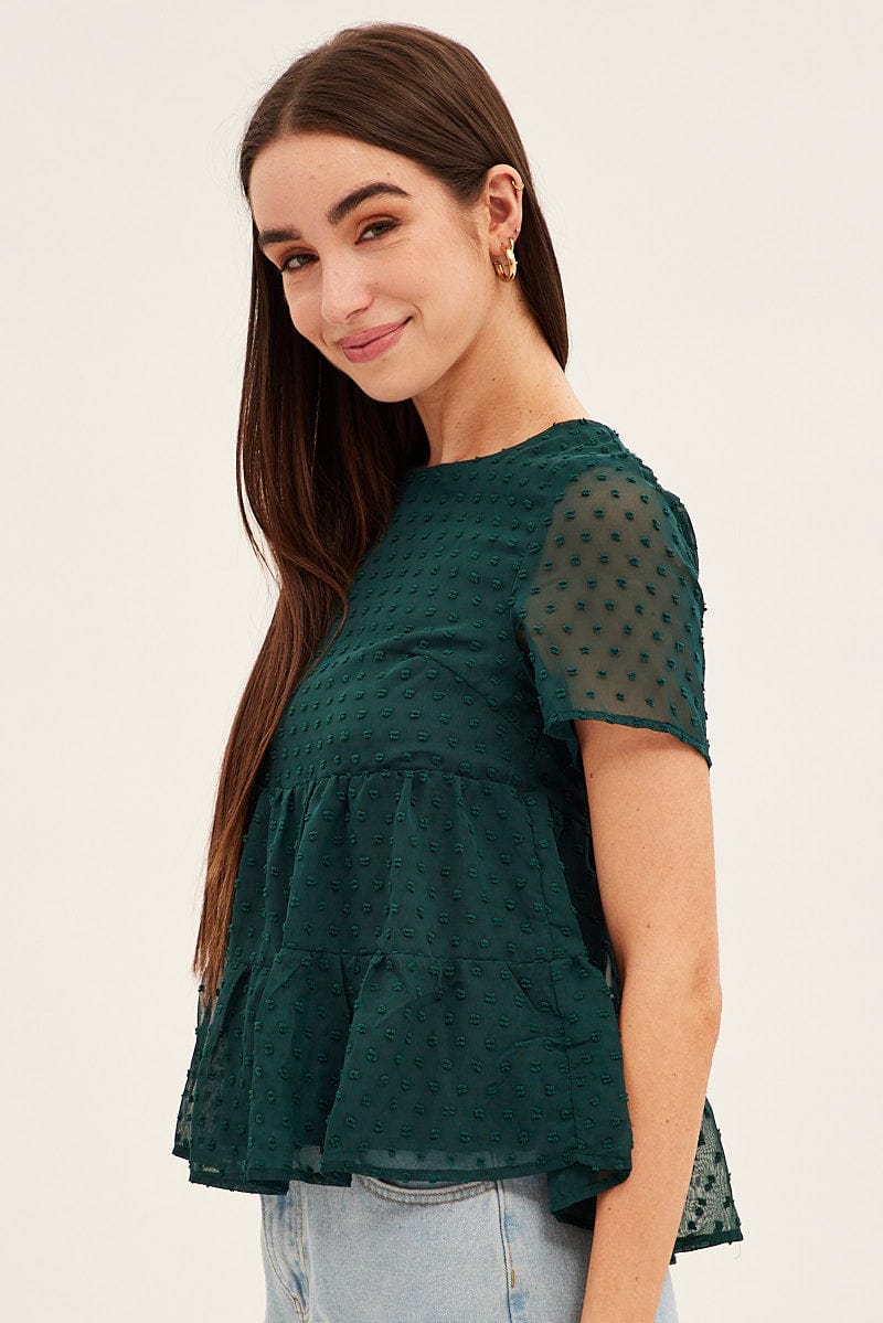 Forest Dobby Chiffon Flutter Sleeve Tiered Hem Top