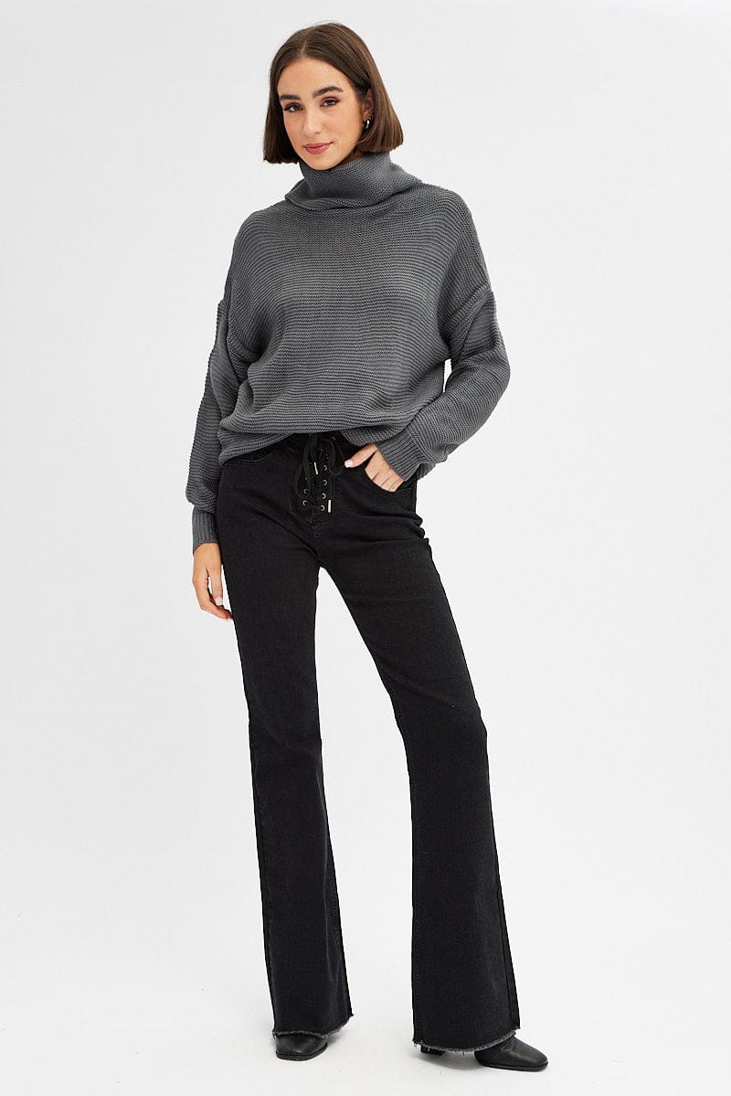 Grey Knit Top Long Sleeve Relaxed Turtleneck