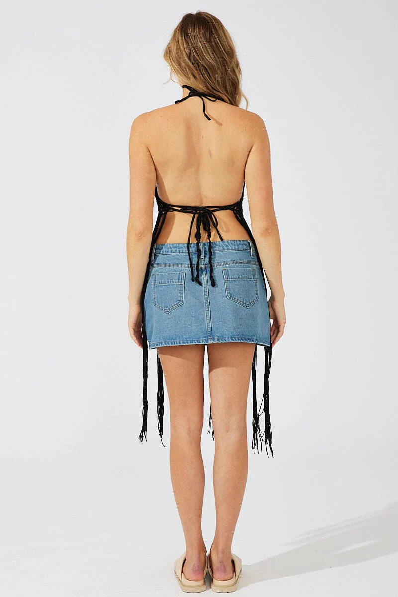 Black Crochet Knit Top Tassel