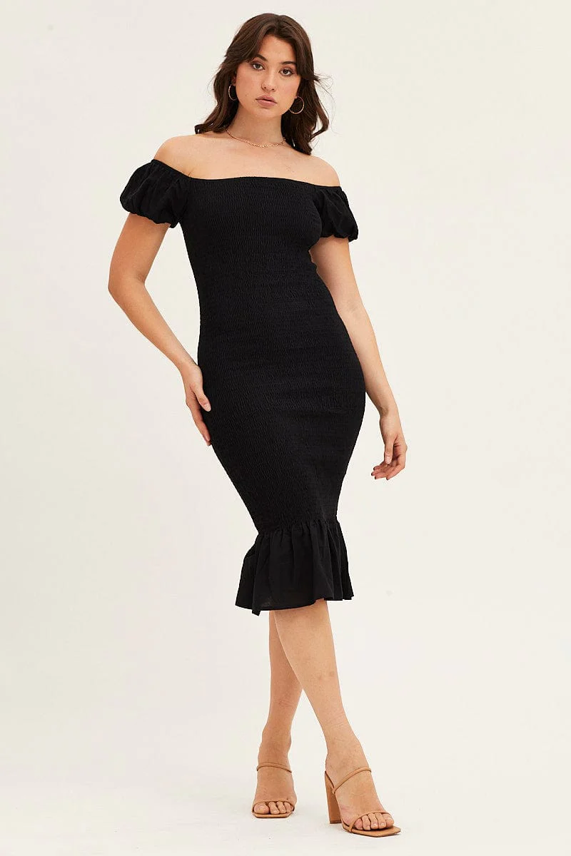 Black Shirred Midi Dress