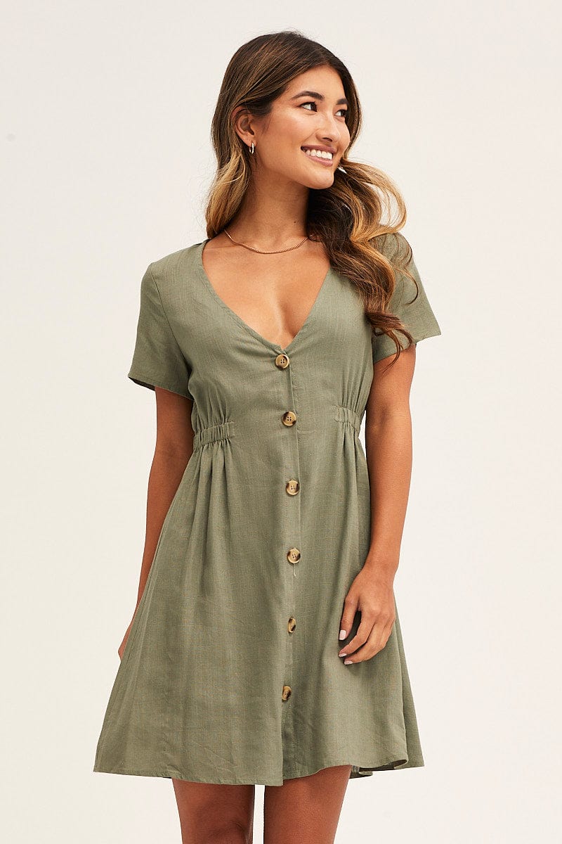 Green A Line Dress Button Front V Neck Short Sleeve