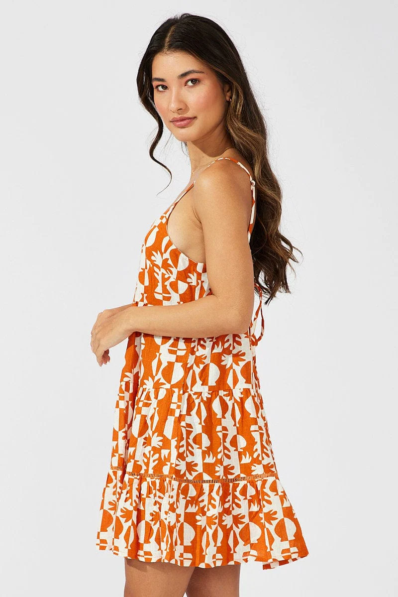 Beige Abstract Tiered Swing Dress Mini