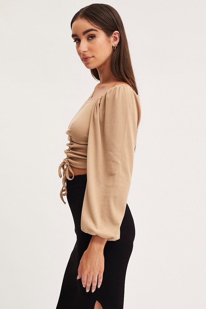 Beige Ruched Crop Top Long Sleeve
