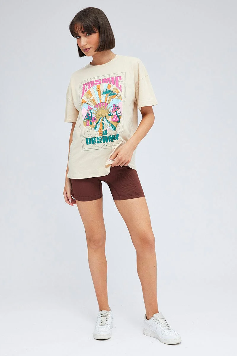 Beige Graphic Tee Festival Bright Oversized T-shirt