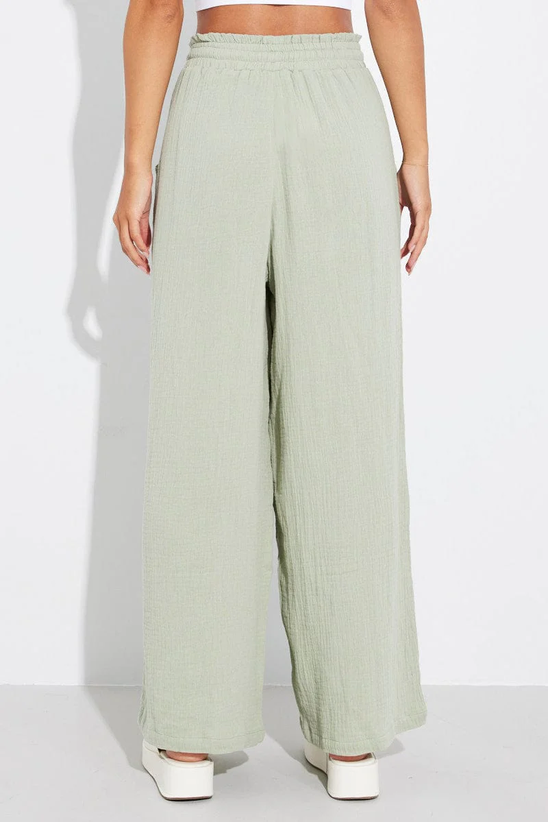Green Wide Leg Pants High Rise