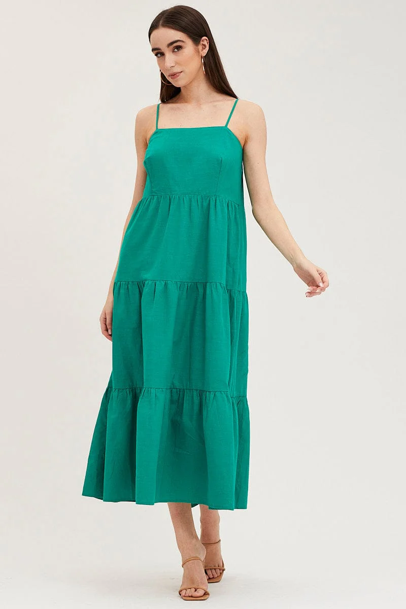 Green Maxi Dress Sleeveless Square Neck