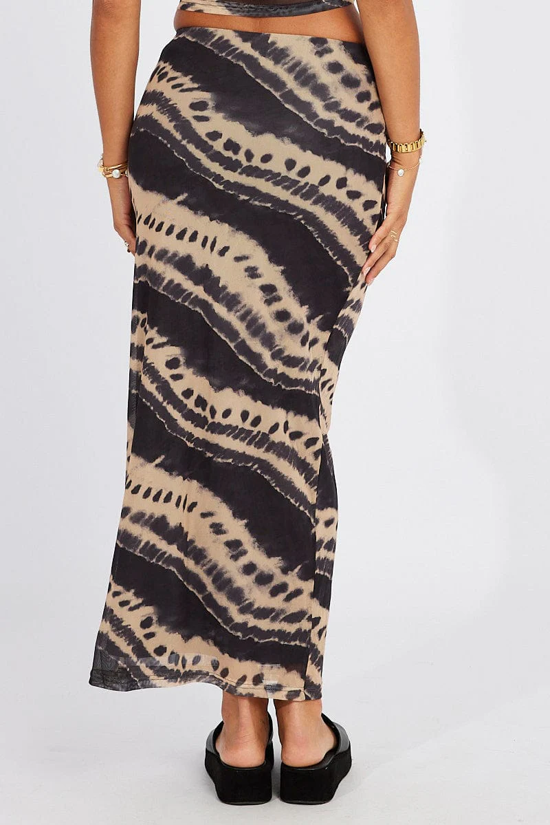 Brown Abstract Maxi Skirt High Rise Mesh
