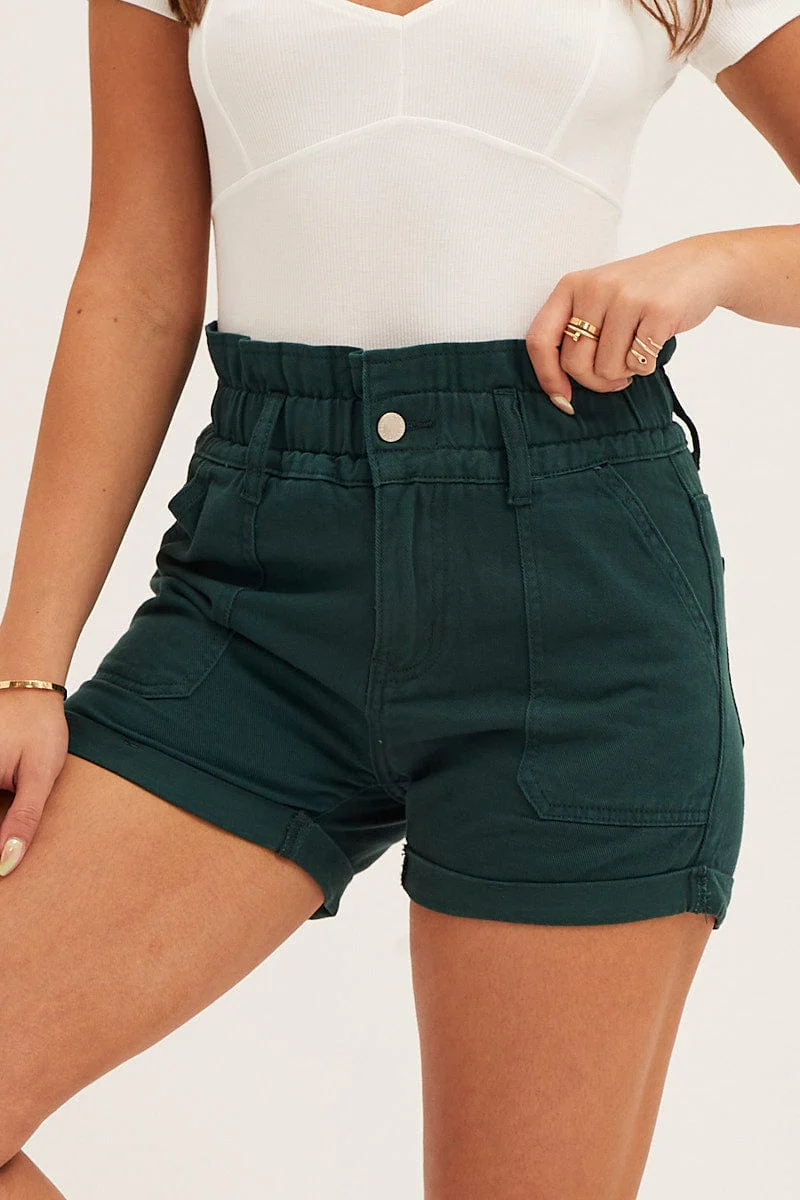 Green Paper Bag Elastic Waist Out Pocket Shorts