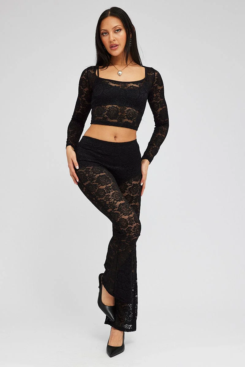 Black Top Long Sleeve Crop Round Neck Lace
