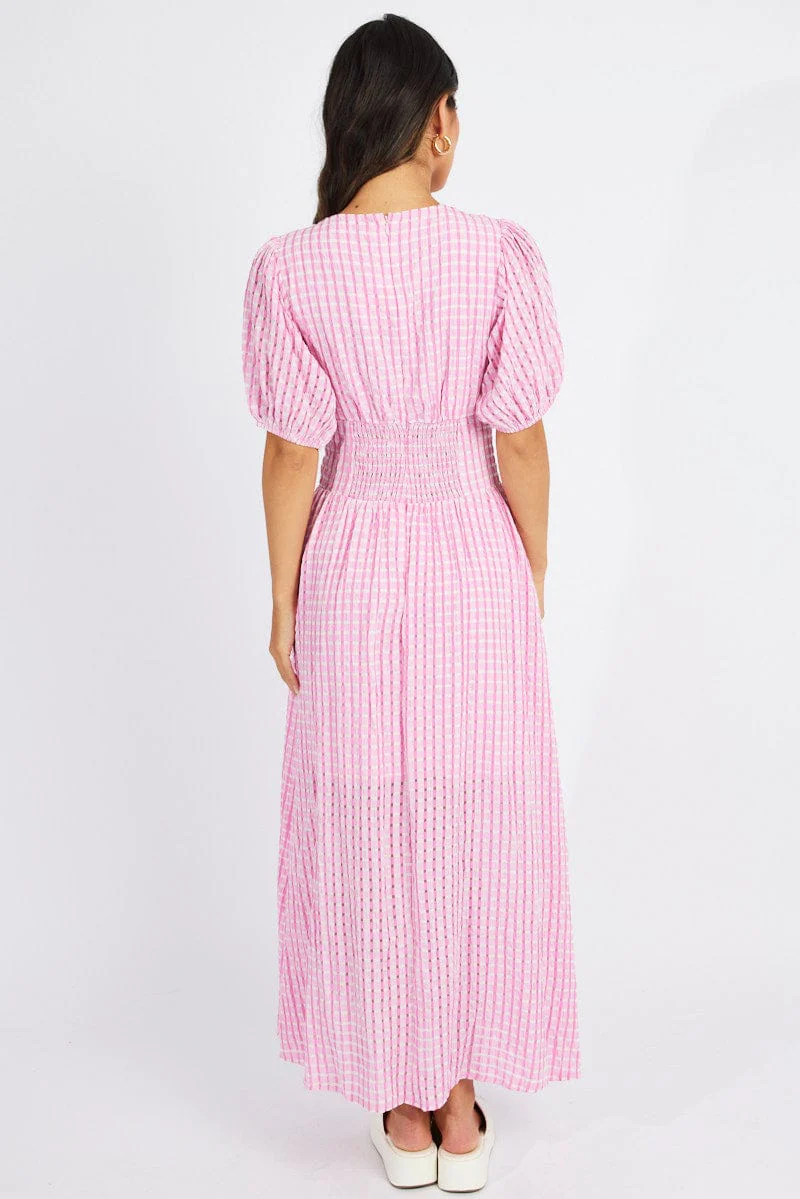 Pink Midi Dress Puff Sleeve