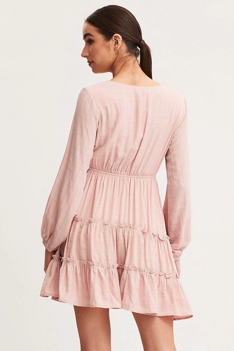 Pink Skater Dress Long Sleeve Mini
