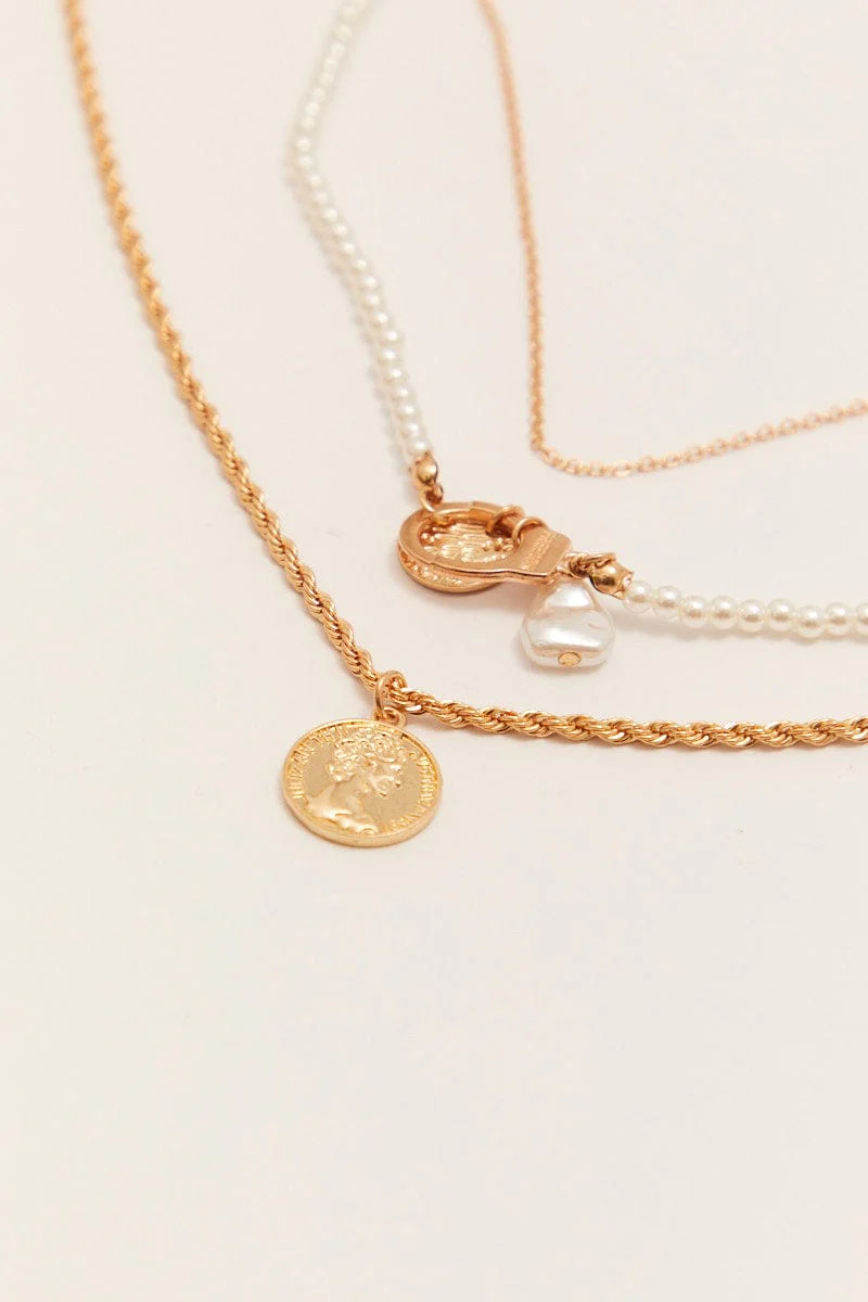 Gold Coin Charm Faux Pearl Layered Necklace