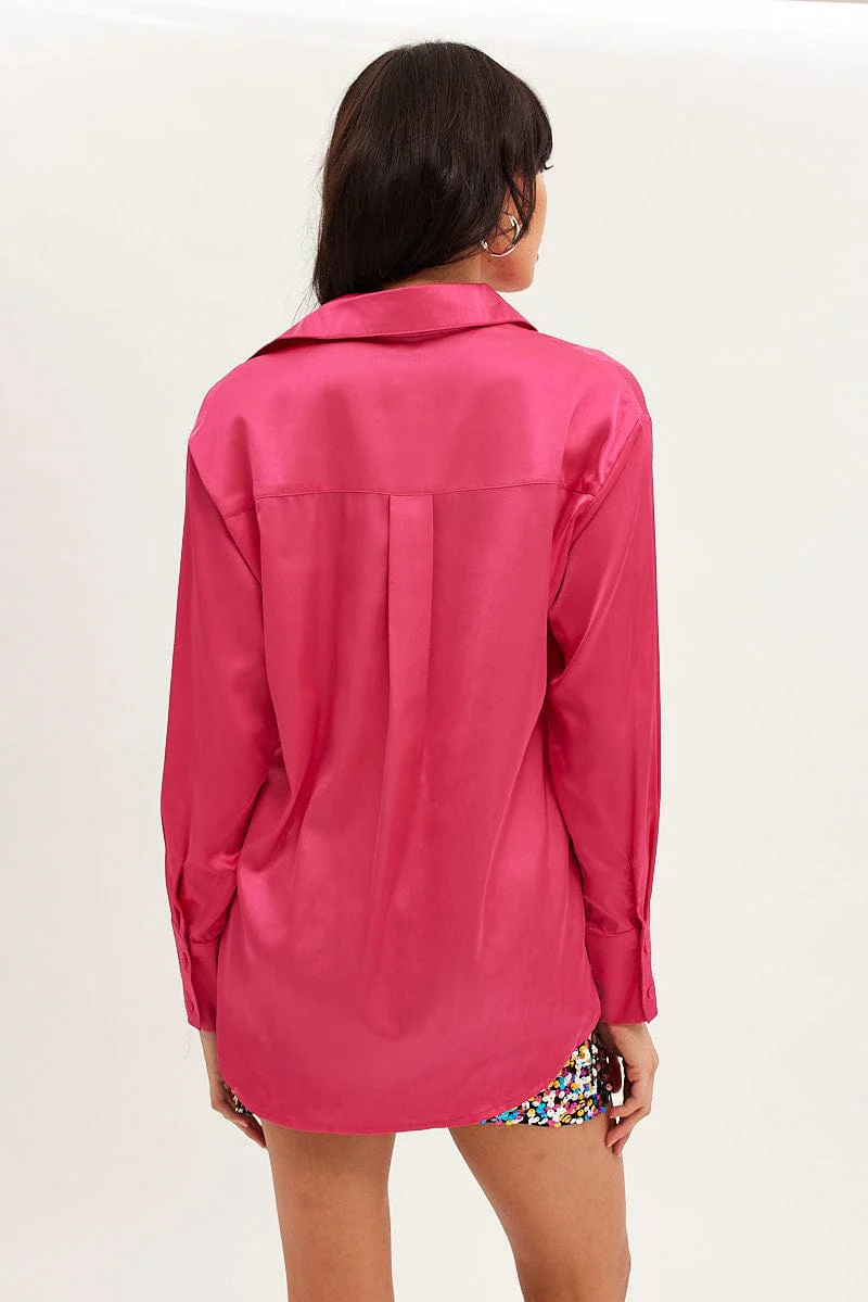 Pink Shirt Long Sleeve Collared Longline Satin