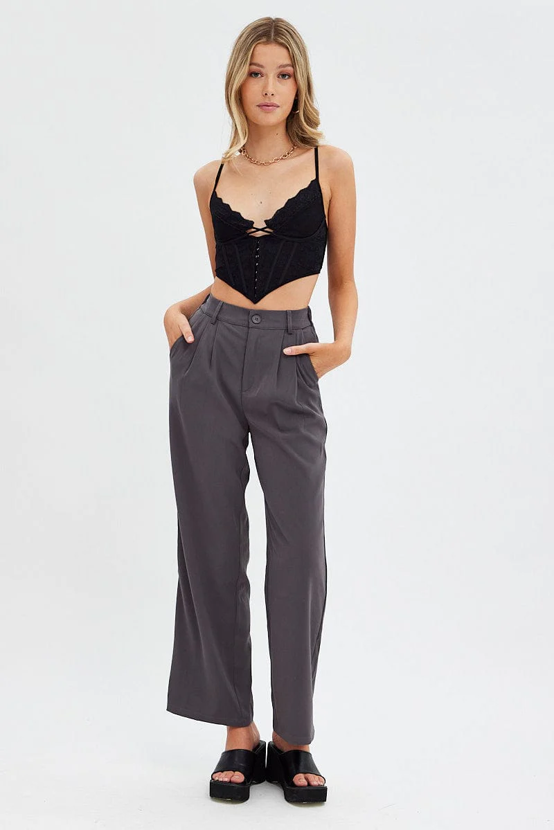 Grey Wide Leg Pants High Rise