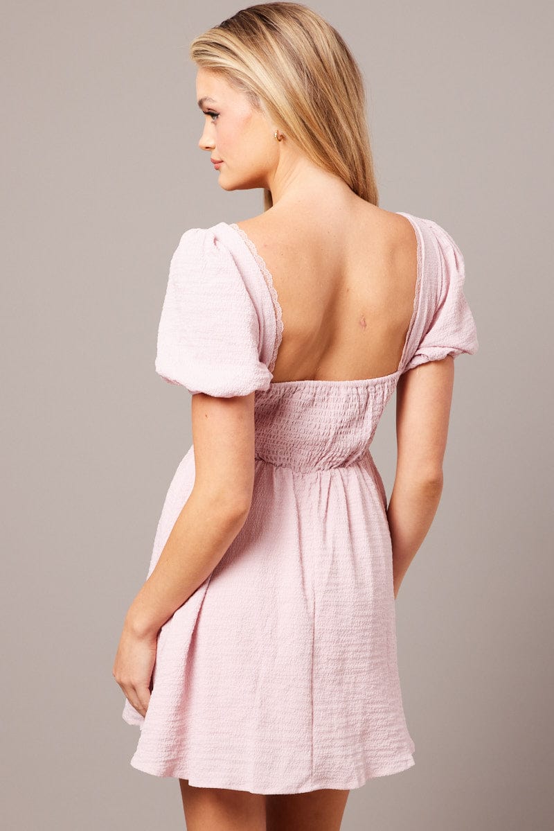 Pink Fit And Flare Dress Puff Sleeve