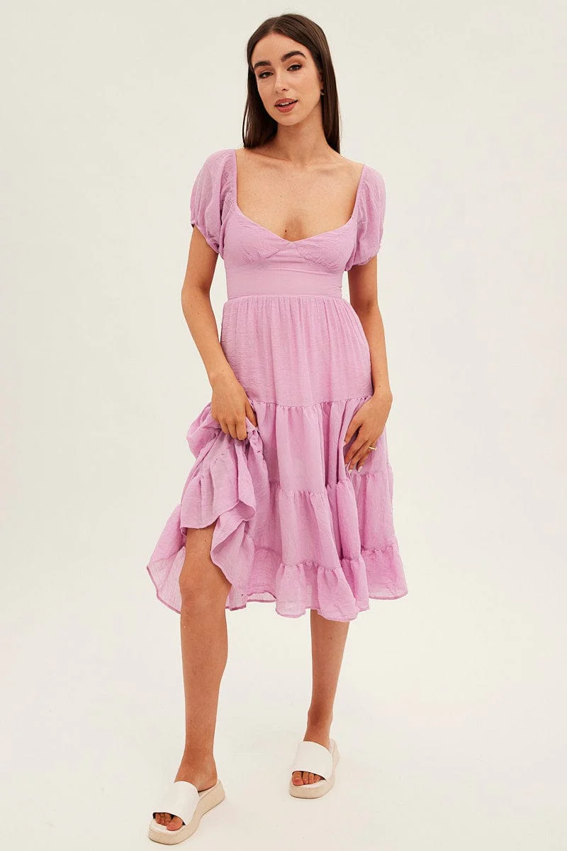 Pink Midi Dress Short Sleeve V-Neck