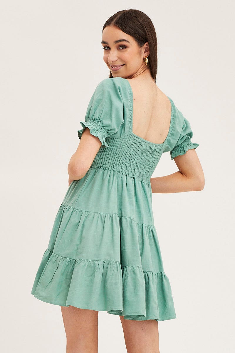 Green Puff Sleeve Shirred Tiered Skater Dress