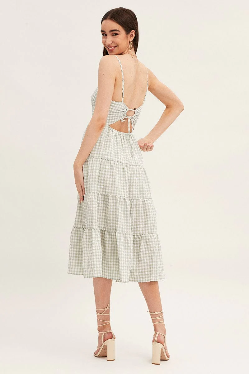 Check Sleeveless Backless Tiered Midi Dress