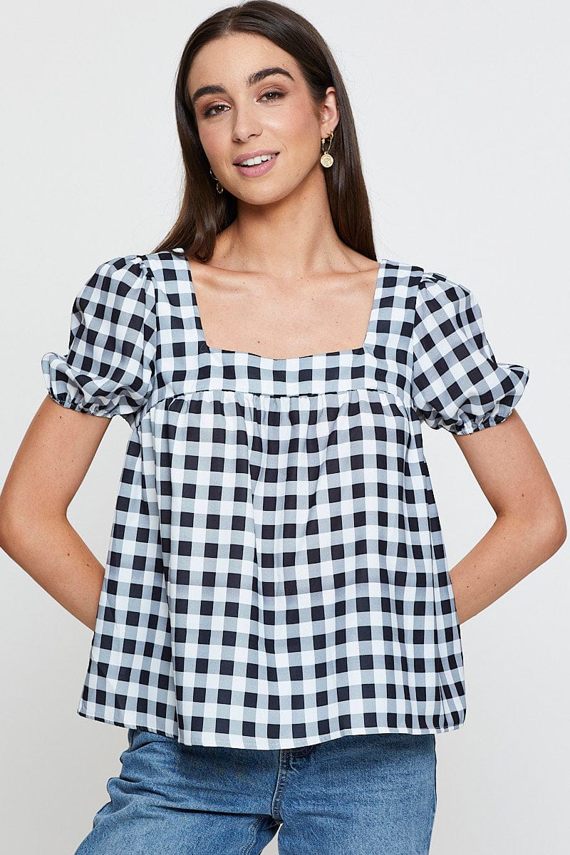 Check Scoop Neck Top Short Sleeve