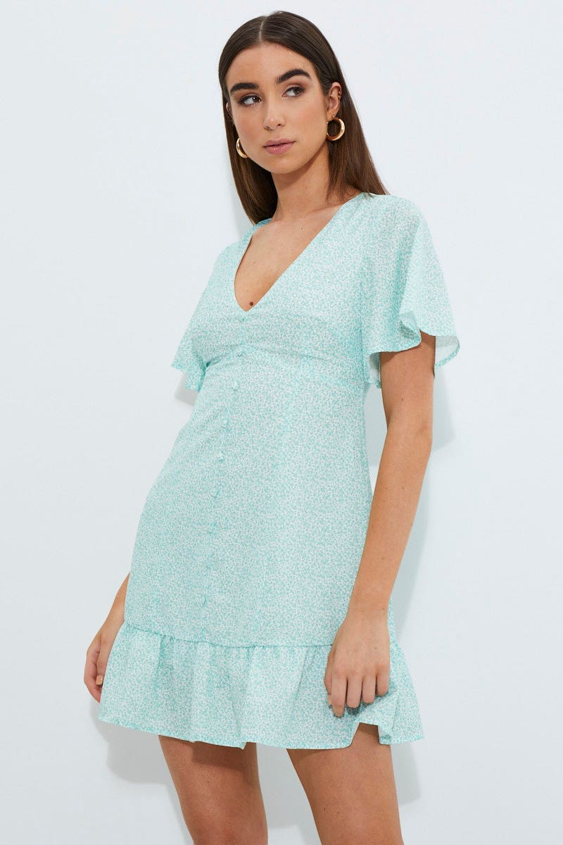 Print Print Bell Sleeve Frill Hem Dress