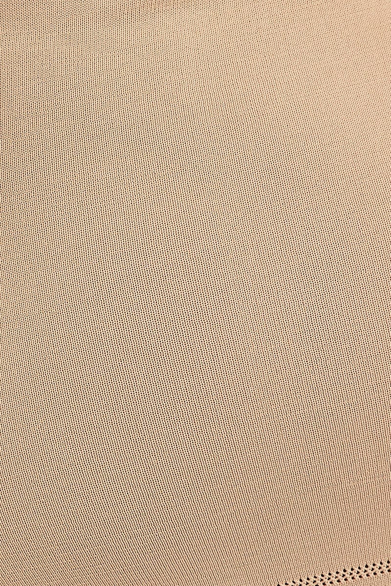 Beige Knit Dress Sleeveless V Neck Midi Mixed Crochet