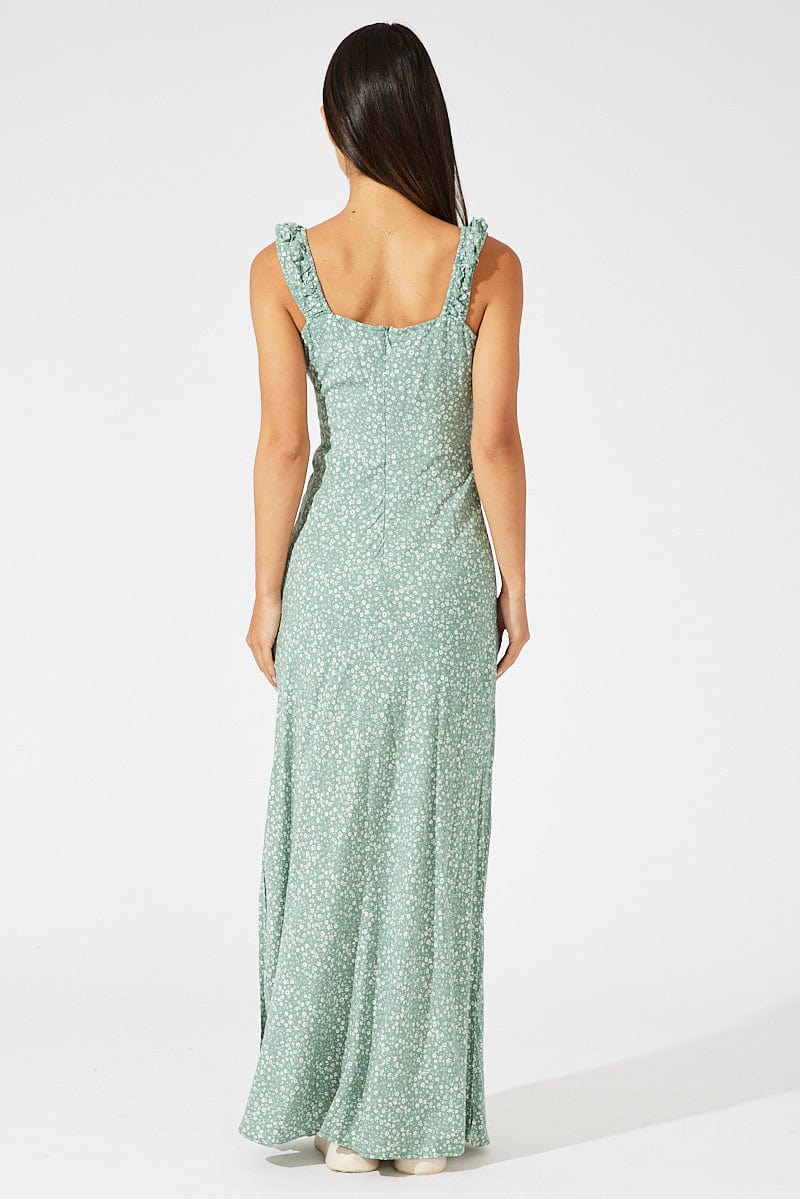 Green Ditsy Maxi Dress Short Sleeve Ruched Bust