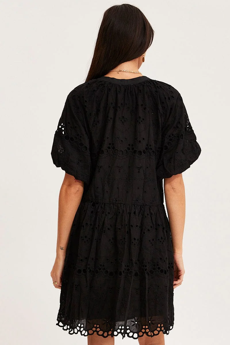 Black Fit And Flare Dress Short Sleeve V Neck